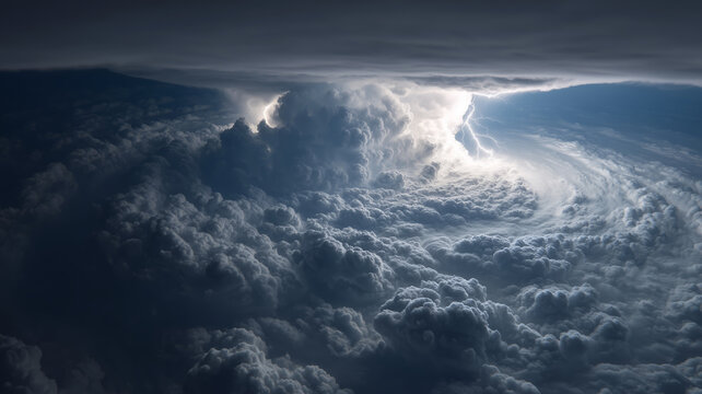 A thundercloud with lightning. A powerful cumulonimbus front from above, dense swirling cloud layers and a lightning bolt in the center, and a dramatic thunderstorm in the atmosphere.