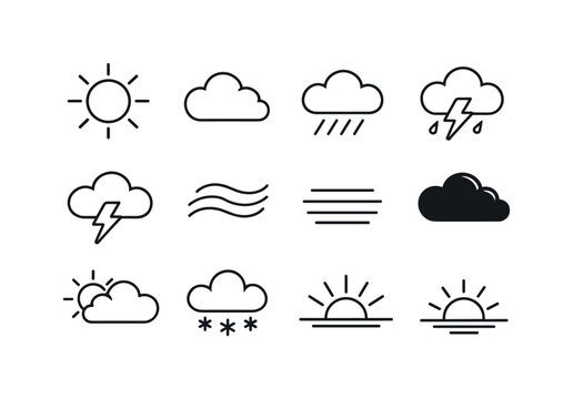 Weather skies. Line outline icon set of Weather skies: sunny sky, cloudy sky, rainy cloud, thunderstorm cloud,