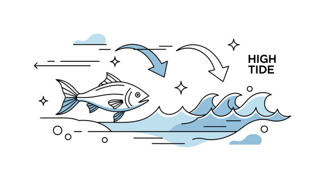 Rising tide movement. A fish swims closer to shore as waves gently rise, with curved arrows showing incoming water flow. A ?HIGH TIDE? label and minimal