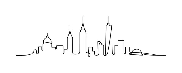 Fototapeta premium Skyline Simplicity. Minimalistic one-line drawing abstract cityscape with a few iconic building shapes in a