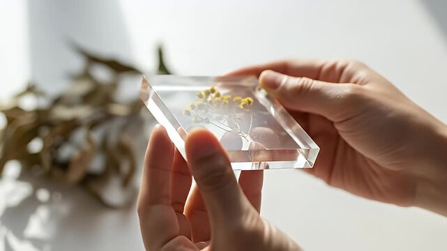 Hands holding a transparent frame with dried flowers, creative concept.