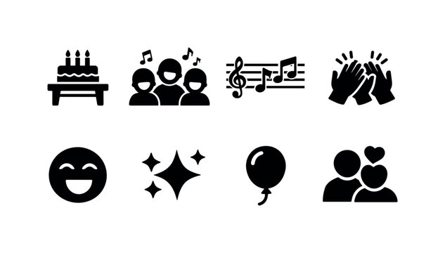 Birthday party singing. Filled icon set of Birthday party singing: cake on table, singing friends, musical