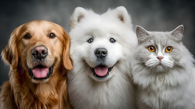 A golden retriever, a samoyed, and a gray cat pose closely together for a studio portrait against a dark gray backdrop demonstrating friendship.