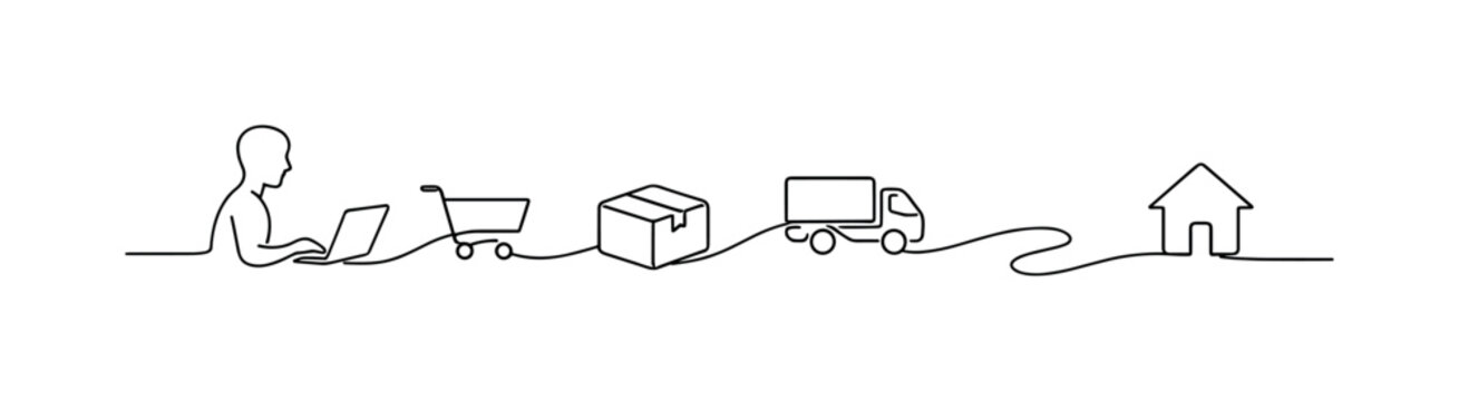Smart Shopping Journey. Minimalistic one-line drawing user connected to package and delivery path representing