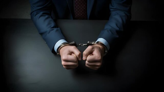 Businessman in a dark suit with a tie is arrested and handcuffed sitting at a table under dramatic lighting.