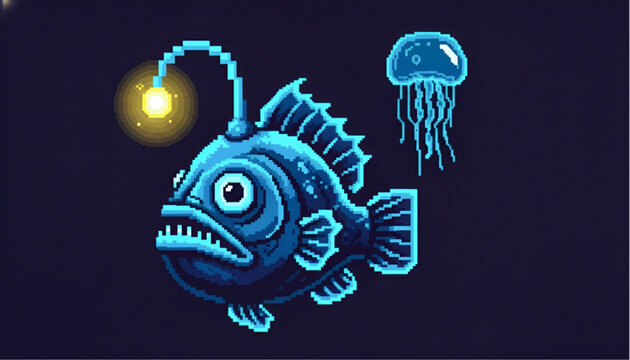 Deep Sea Fish Pixel Art Anglerfish and Jellyfish Neon Vector