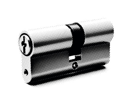 A simple door lock cylinder slightly rotated, implying motion and access, black and white halftone illustration, bold dot pattern shadows, high contrast,