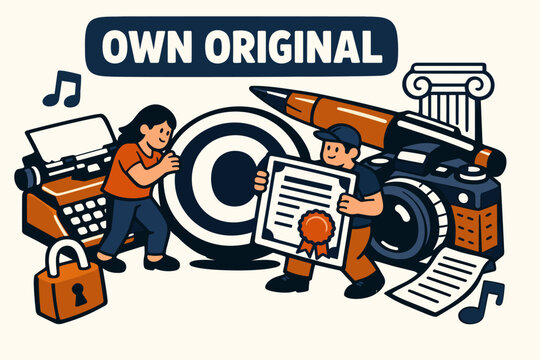 Copyright Protection Stories flat vector digital illustration, doodle flat, thick outline, expressive characters, simple shapes, playful proportions,