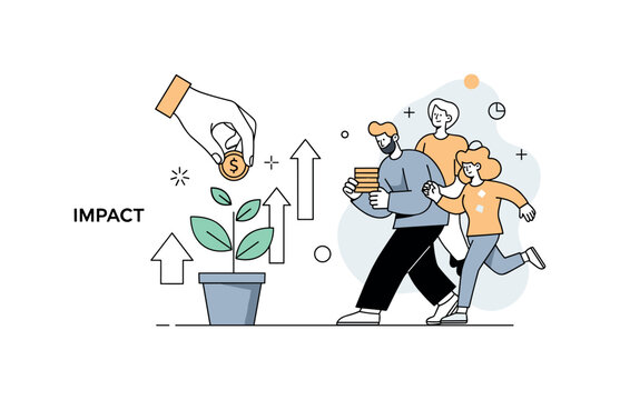 Impact investing. A hand drops a coin into a stylized plant growing from a small pot, symbolizing money fueling positive change. A subtle ?IMPACT? label and