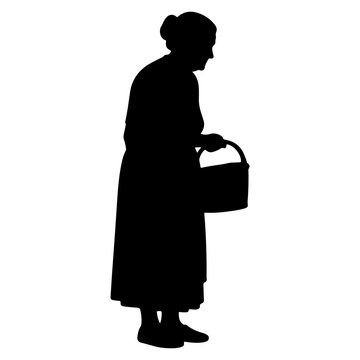 Silhouette of an elderly woman carrying a basket.