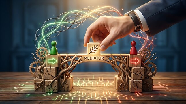 Hand placing mediator block bridging two conflicting figures illustrating conflict resolution and cooperative communication concept