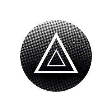 A minimal geometric occult poster featuring a central triangle inside a circle, perfectly aligned, black and white halftone illustration, fine dot pattern
