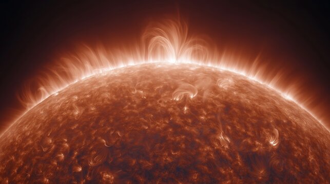 Solar flares burst from sun edge with plasma loops. Bright prominences arc over red hot surface in space. Sun explosion and magnetic storm concept.