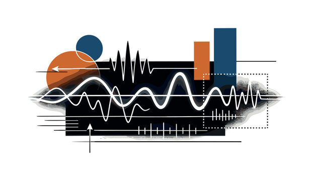 Retro oscilloscope lines portrayed as an abstract signal composition, black and white vintage oscilloscope