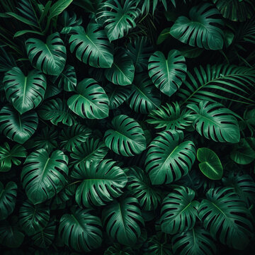 Top down view of lush dark green tropical leaves, moody lighting, dense foliage texture, nature background, rich green tones, highly detailed organic pattern