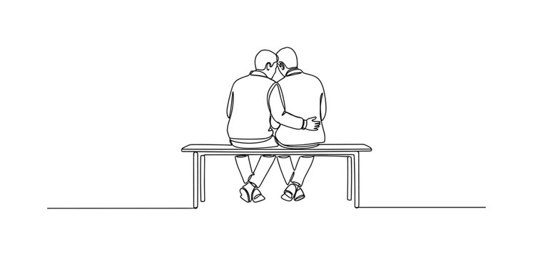 "Quiet togetherness". Minimalistic one-line drawing two people seated on a bench with subtle lean toward each other suggesting intimacy, continuous single