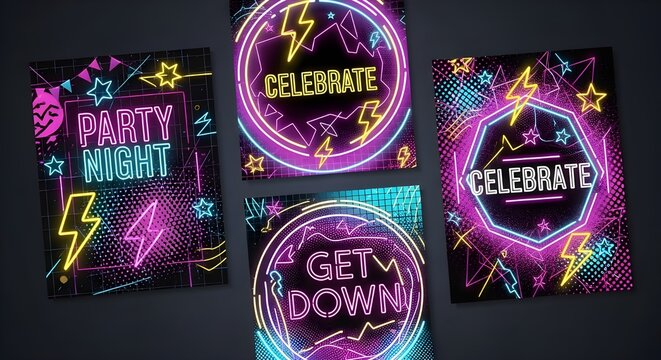 Vibrant neon posters for party night and celebration events, featuring glowing signs, lightning bolts, and geometric patterns creating an exciting retro atmosphere.