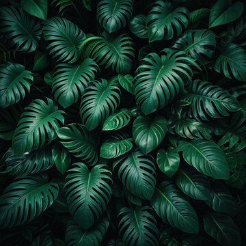 Top down view of lush dark green tropical leaves, moody lighting, dense foliage texture, nature background, rich green tones, highly detailed organic pattern