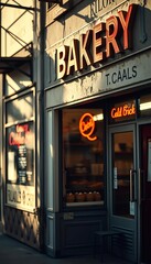 Fototapeta premium A weathered bakery facade, sun-drenched and subtly blurred, hints at forgotten delights, film grain, baked goods