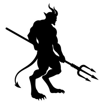 Silhouette of a muscular devil with horns and a trident.