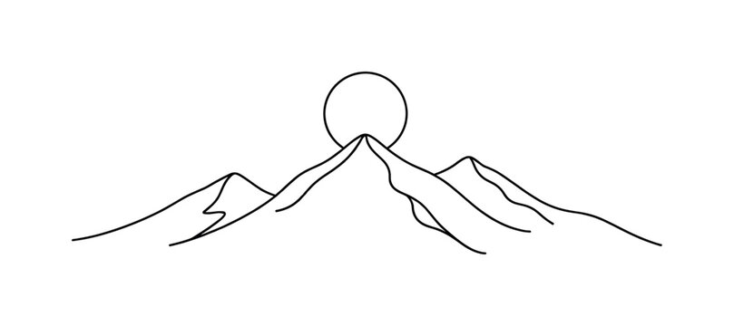 Sunlit Mountains. Minimalistic one-line drawing simple mountain range with a circular sun hovering above the