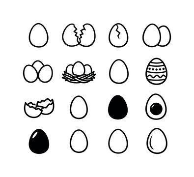 Eggs. Line outline icon set of Eggs: single egg, cracked egg, egg with crack line, egg pair, egg group, egg in