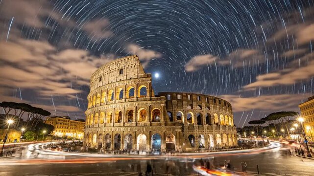 Night time lapse of the Colosseum in Rome showing stars and traffic around the ancient structure
