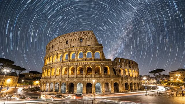 Night time lapse of the Colosseum in Rome with moving clouds and stars