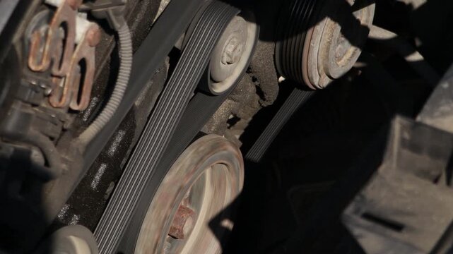 Close-up view of automotive engine components showing serpentine belt movement across pulleys, highlighting mechanical interaction in a vehicle's engine compartment