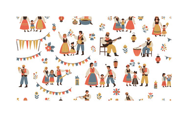 Fototapeta premium Traditional celebration scene, seamless pattern, repeating pattern, surface design, textile print, charming composition of families, dances, music instruments,
