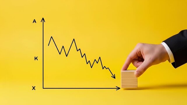 Businesspersons hand placing a wooden block on a downward trend graph.