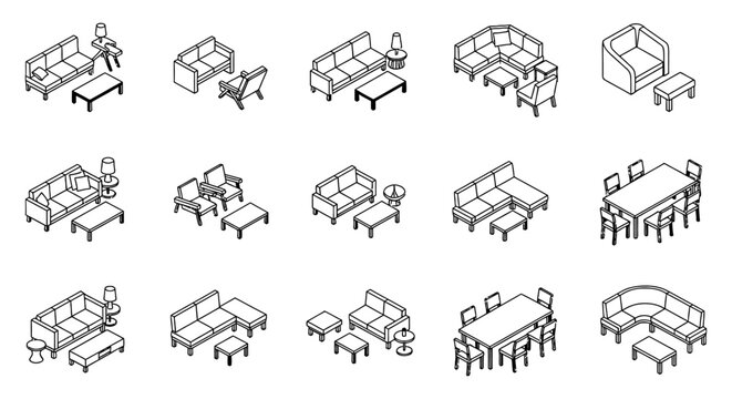 isometric furniture set of sofas chairs tables and dining sets