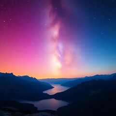 Fototapeta premium Galactic vista over a mountain lake, stars in gradient across the night sky, vast, nebula