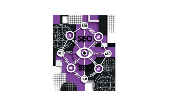 An abstract visual metaphor of a web network where nodes are hashtags and pathways are SEO links, central eye symbol representing visibility, geometric blocks