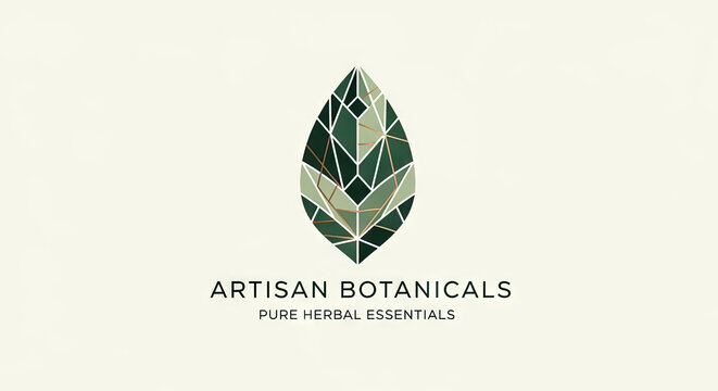 A stylized leaf logo with text for artisan botanicals and herbal essentials.