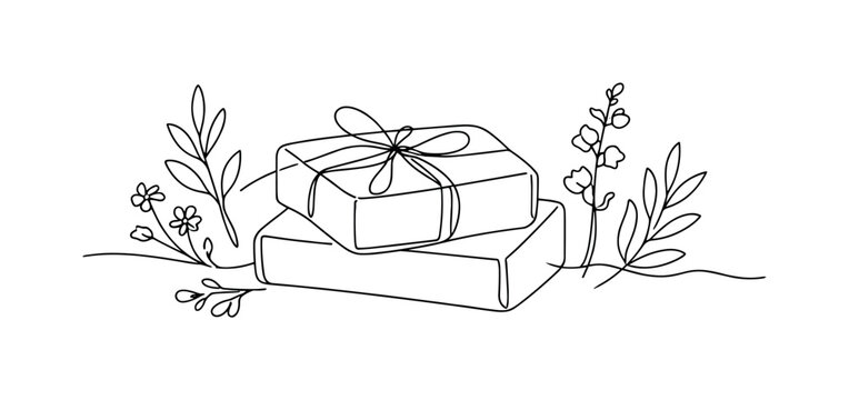 Botanical Soap Craft. Minimalistic one-line drawing soap bars surrounded by simple floral outlines expressing
