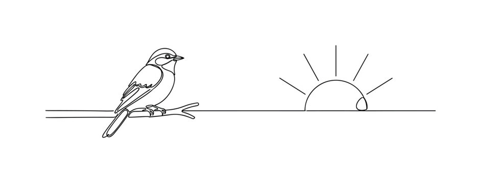 "Morning nature". Minimalistic one-line drawing small bird with rising sun above horizon line creating a peaceful balanced scene, continuous single black line