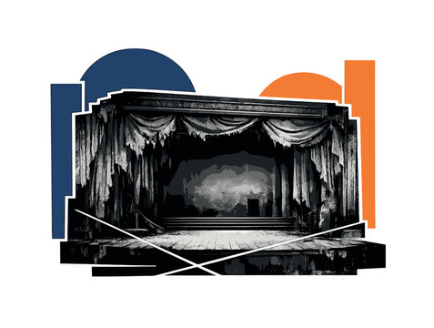Old abandoned opera stage portrayed as a dramatic theatrical ruin, black and white vintage photographic stage