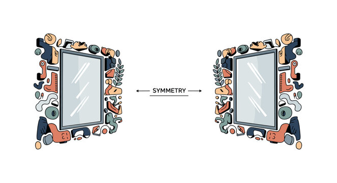 Mirror-style decoration setup. One main wall arrangement is shown with perfectly duplicated elements on each side, creating visual harmony. A small ?SYMMETRY?
