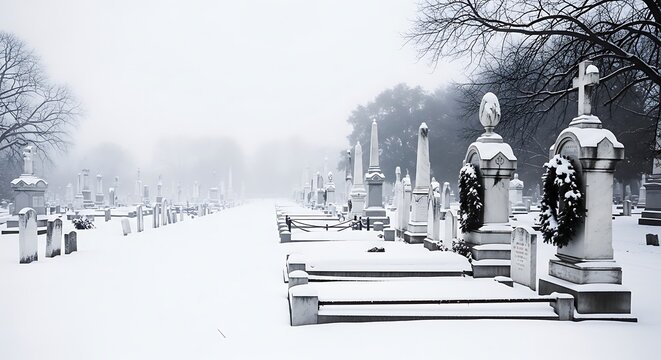 Snow covered cemetery scene with stone monuments and weathered crosses