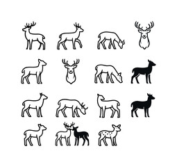 Obraz premium Forest deer. Line outline icon set of Forest deer: deer standing, deer walking, deer grazing, deer with