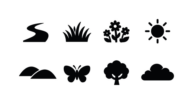 Nature Pathway Set. Filled icon set of Nature Pathway Set: curved path, meadow grass, wildflower, sun, hill,
