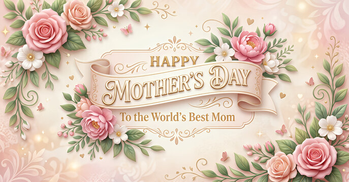 A beautiful Mother's Day greeting featuring elegant roses and floral designs, with a banner reading 'Happy Mother's Day to the World's Best Mom' in a soft pastel background.