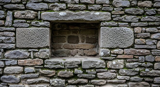 Stone wall with recessed rectangular opening and textured blocks design