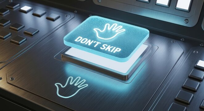 Lit button with hand symbol saying "Don't Skip" on metal panel with glowing edges