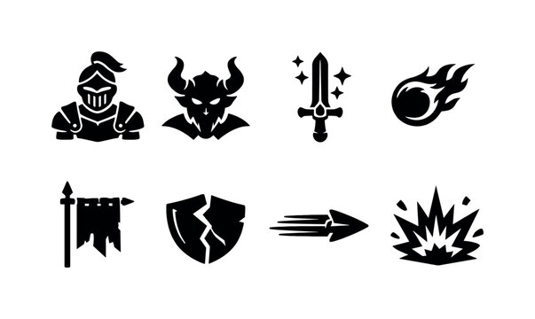Epic fantasy combat. Filled icon set of Epic fantasy combat: armored knight, horned demon, enchanted sword,