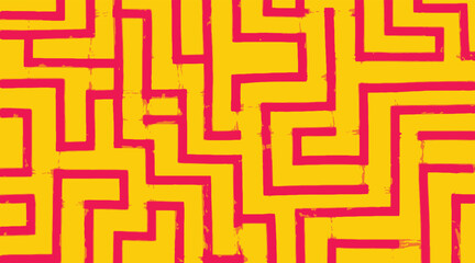 Geometric maze pattern with pink lines on vibrant yellow background creating a bold abstract labyrinth texture for modern wallpaper textile prints creative backdrops and street art styles. © mr.shawn007