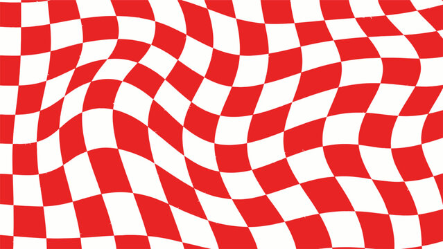 Wavy red and white checkered pattern, distorted racing flag background, psychedelic checkerboard vector