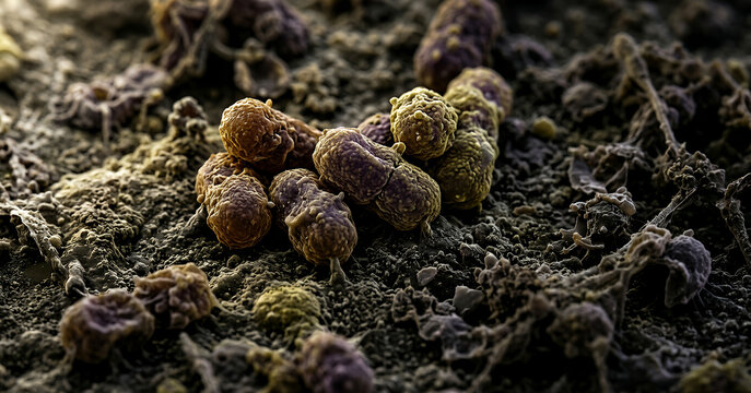 A close-up view of microorganisms on a textured surface, highlighting their unique shapes and structures. The image showcases intricate details of these tiny organisms.
