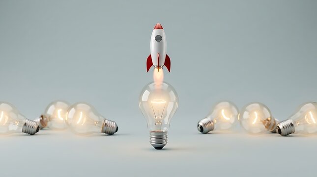 Lampu pijar menyala dengan roket mini meluncur menggambarkan inovasi dan ide kreatif dalam bisnis dan teknologi modern